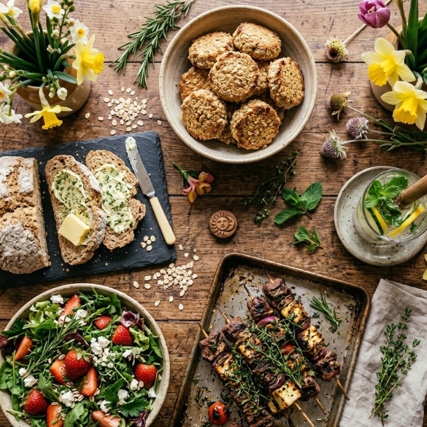 6 Beltane Recipes: Easy & Traditional Dishes for a Magical May Day Feast 8 Colorful Beltane feast with bannocks, bread, salad, grilled dish, and herbal drink