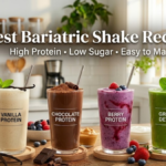 Colorful bariatric shake recipes in different flavors arranged on a kitchen counter