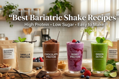 Colorful bariatric shake recipes in different flavors arranged on a kitchen counter