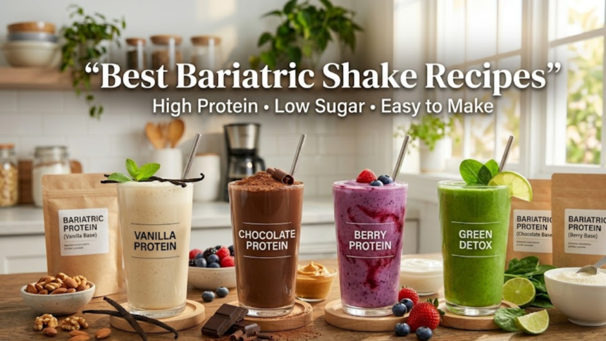 Colorful bariatric shake recipes in different flavors arranged on a kitchen counter
