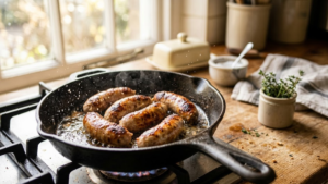 Cooking pork sausages in a pan for traditional English breakfast
