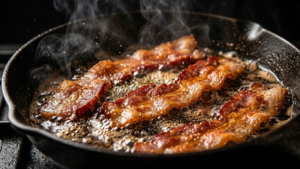 Crispy bacon frying in a skillet for full English breakfast