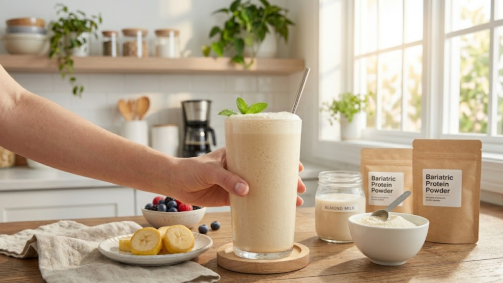 Fresh bariatric protein shake with healthy ingredients on a kitchen table in natural light - Bariatric Shake Recipe
