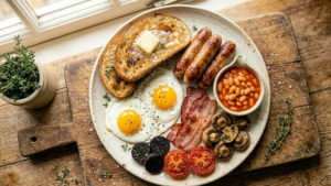 Full English breakfast plate with sausages bacon eggs beans mushrooms and toast