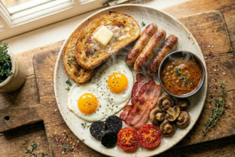 Full English breakfast with curry gravy sausages bacon eggs beans and toast
