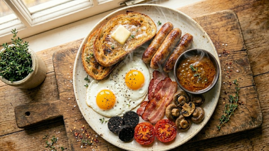 Full English breakfast with curry gravy sausages bacon eggs beans and toast