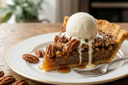Goode and Co pecan pie thumbnail with ice cream topping and golden crust close-up
