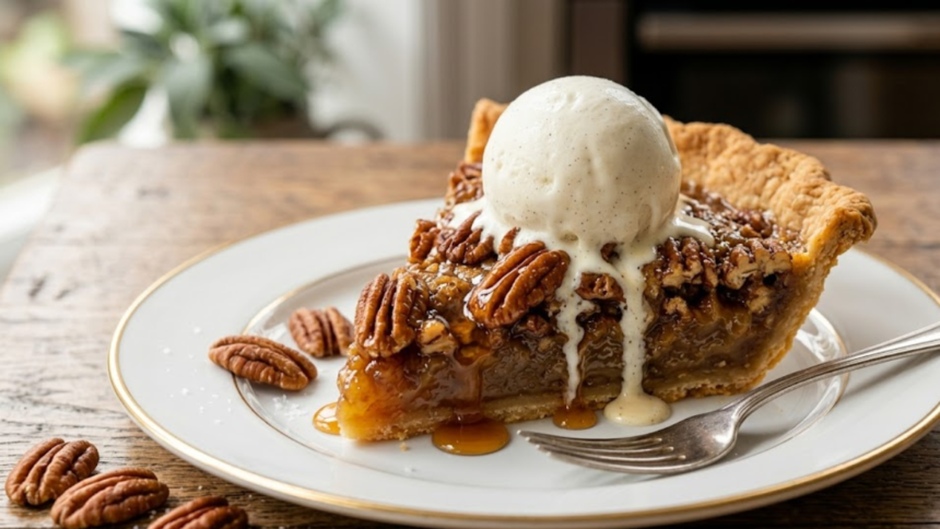 Goode and Co pecan pie thumbnail with ice cream topping and golden crust close-up