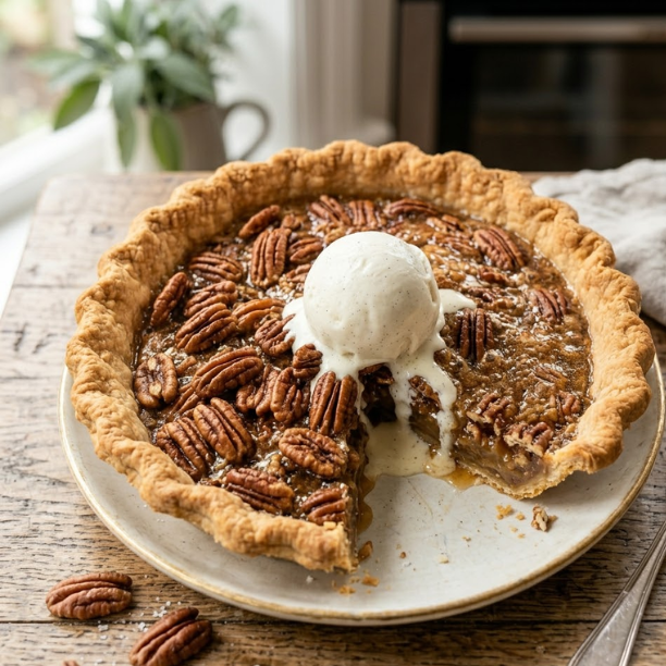 Goode and Co Pecan Pie Recipe 3 Goode and Co pecan pie with golden crust and vanilla ice cream topping served on plate