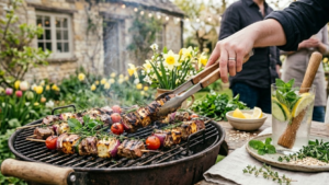 6 Beltane Recipes: Easy & Traditional Dishes for a Magical May Day Feast 14 Grilled dish served with herbal drink for Beltane feast