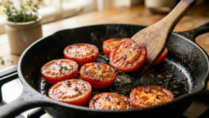 Grilled tomatoes in a pan for English breakfast recipe