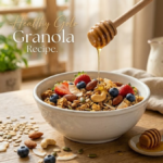 Healthy golo granola recipe with oats, nuts, honey and fresh berries in a bowl