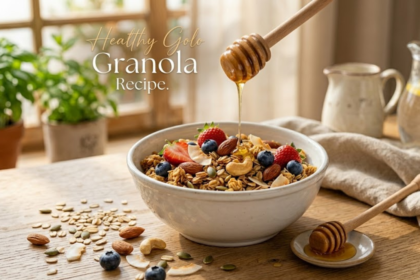 Healthy golo granola recipe with oats, nuts, honey and fresh berries in a bowl