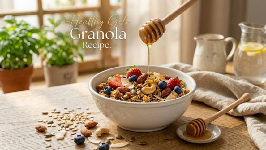 Healthy golo granola recipe with oats, nuts, honey and fresh berries in a bowl