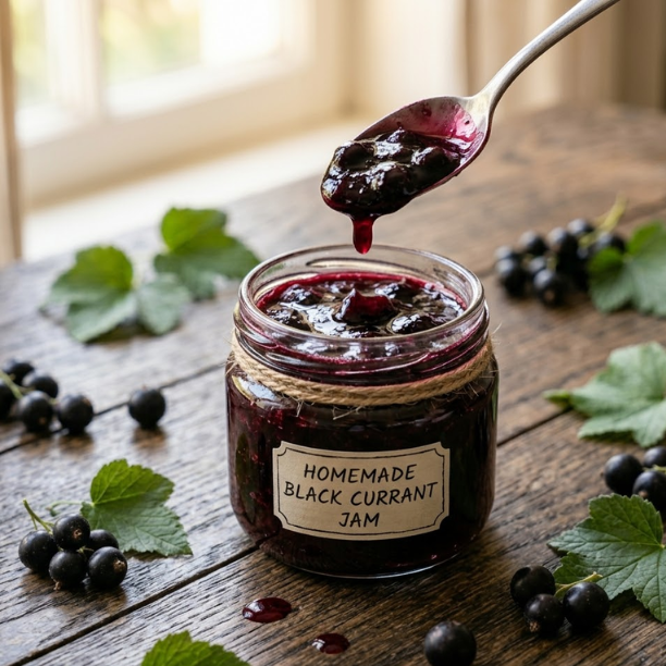 Black Currant Recipes 17 Homemade black currant jam in a glass jar
