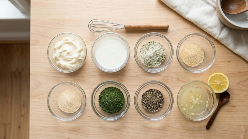 Mazzio’s Ranch Recipe 12 Ingredients for Mazzio’s ranch recipe arranged on a kitchen counter -