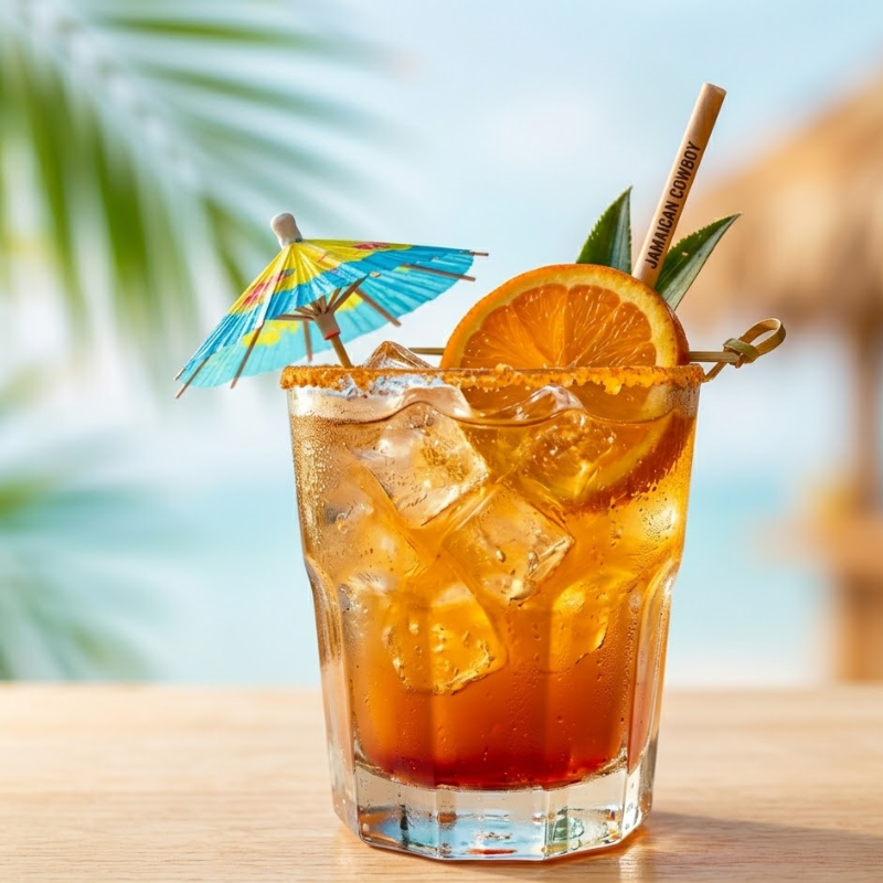 Jamaican Cowboy cocktail in a clear glass with ice and citrus garnish, bright and refreshing tropical drink