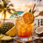 Jamaican Cowboy cocktail with tropical fruits and sunset beach background vibrant orange summer drink in a glass with ice