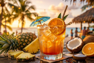 Jamaican Cowboy cocktail with tropical fruits and sunset beach background vibrant orange summer drink in a glass with ice
