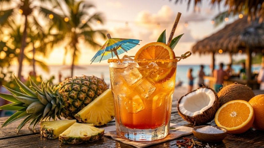 Jamaican Cowboy cocktail with tropical fruits and sunset beach background vibrant orange summer drink in a glass with ice