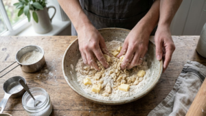 Goode and Co Pecan Pie Recipe 5 Mixing flour and butter to prepare homemade pie crust for pecan pie