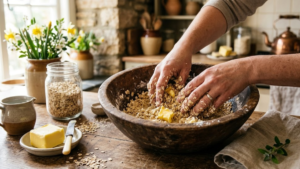 6 Beltane Recipes: Easy & Traditional Dishes for a Magical May Day Feast 9 Mixing oats and butter to prepare traditional Beltane bannocks dough