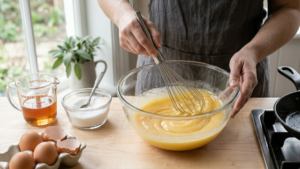 Goode and Co Pecan Pie Recipe 8 Mixing pecan pie filling ingredients including eggs, sugar, and corn syrup