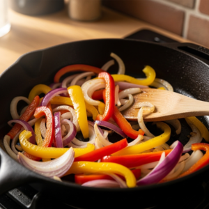 Brat Recipe (Beer Brats) – Juicy, Flavorful & Easy to Make 15 Onions and bell peppers caramelizing in a pan