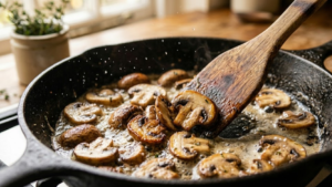 Sauteed mushrooms cooking in butter for English breakfast