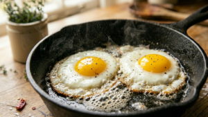 Sunny side up eggs frying in pan for English breakfast