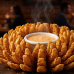 Texas Roadhouse blooming onion crispy cactus blossom with golden petals and spicy dipping sauce close-up