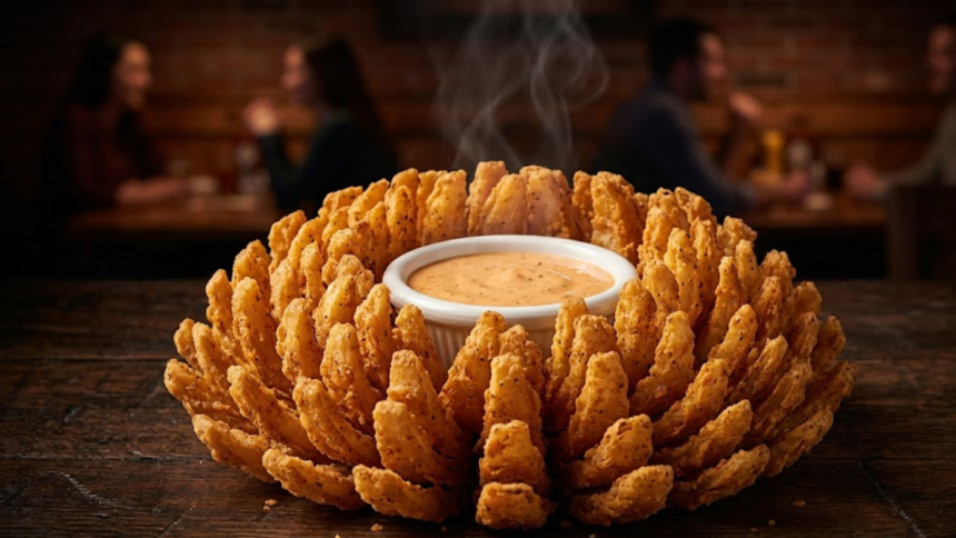 Texas Roadhouse blooming onion crispy cactus blossom with golden petals and spicy dipping sauce close-up