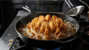 Texas Roadhouse blooming onion frying in hot oil until golden brown