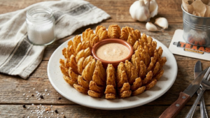 Texas Roadhouse cactus blossom served with dipping sauce crispy onion petals