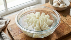 blooming onion soaking in cold water to open petals before frying