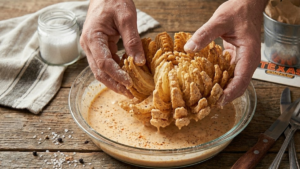coating blooming onion with seasoned flour and egg mixture for crispy texture