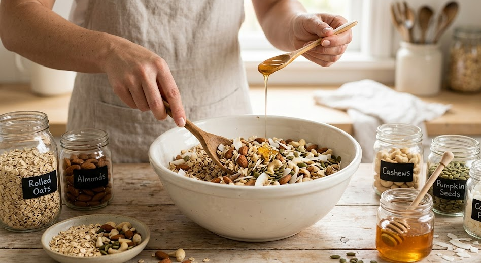 Hand mixing oats, nuts, and honey for homemade golo granola recipe