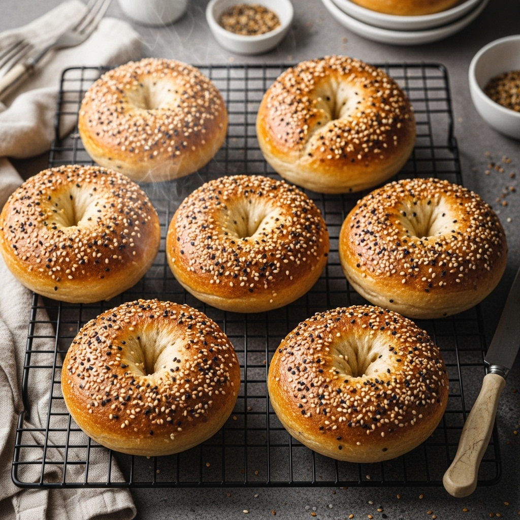 Sourdough Bagel Recipe 13 Golden sourdough bagels with sesame and everything seasoning placed on a cooling rack, showing crispy crust and chewy texture.