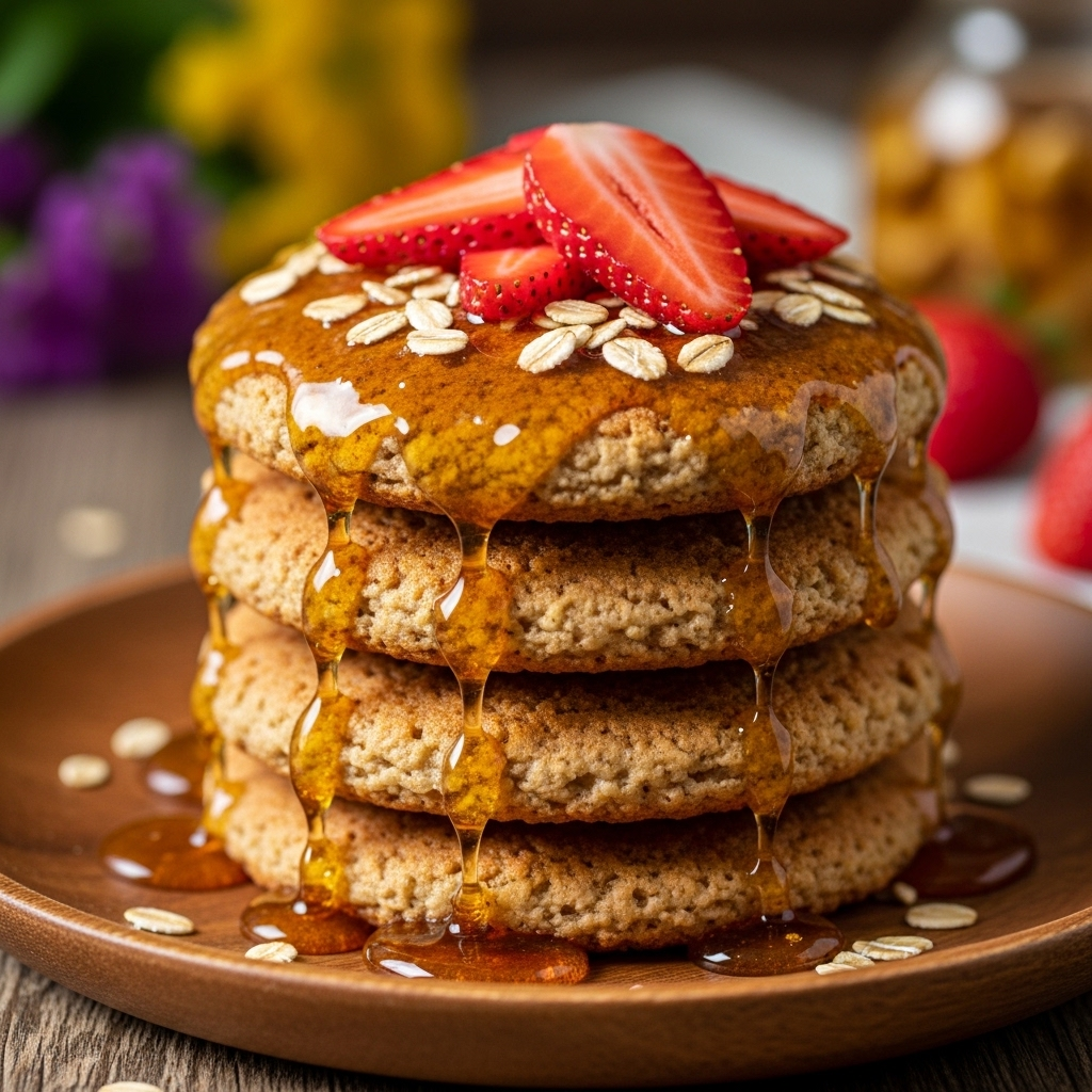 Beltane Recipes: Celebrate the Fire Festival with Traditional & Modern Dishes 13 Beltane honey oat cakes stacked with honey drizzle and fresh strawberries on a rustic plate