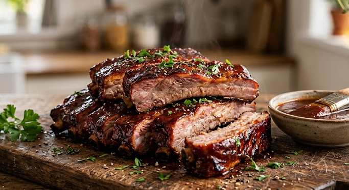 Juicy boneless pork rib recipe glazed with BBQ sauce, caramelized and served on a wooden board with fresh garnish 