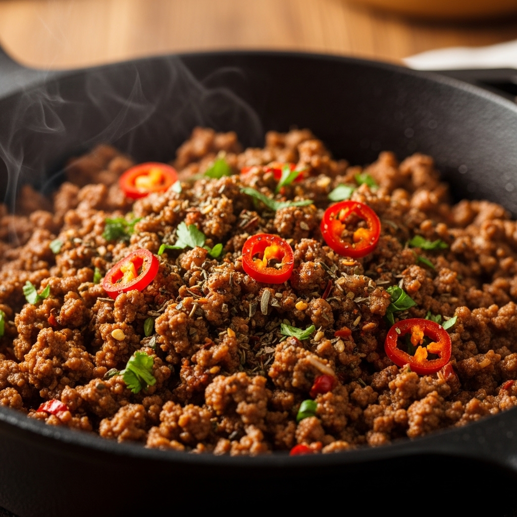 Taco meat recipe 13 Close-up of juicy homemade taco meat cooking in a skillet, seasoned ground beef with spices and herbs, ready for tacos