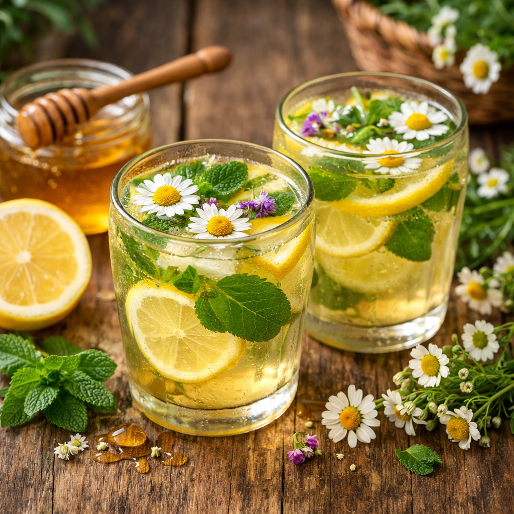 6 Beltane Recipes: Easy & Traditional Dishes for a Magical May Day Feast 7 Refreshing herbal drink with lemon, mint, edible flowers, and honey served in glass