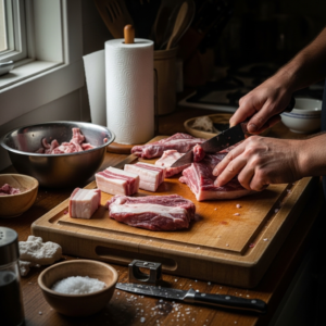 Possum Recipe: A Complete Guide to Cooking Tender, Flavorful Wild Game 14 Cleaning and trimming raw possum meat on a wooden board