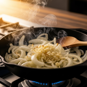Possum Recipe: A Complete Guide to Cooking Tender, Flavorful Wild Game 18 Cooking onions and garlic in a pan