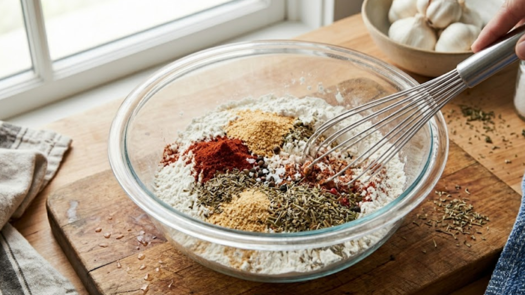mixing flour and spices for Texas Roadhouse cactus blossom coating