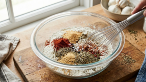 mixing flour and spices for Texas Roadhouse cactus blossom coating