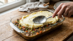 HelloFresh Shepherd's Pie Recipe 19 Assembling shepherd's pie with beef filling and mashed potato topping.