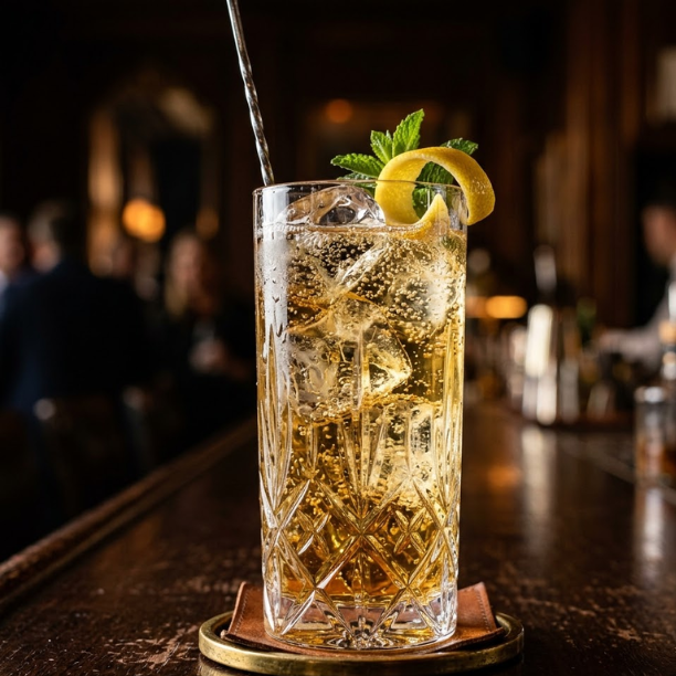 Highball Drink Recipe 13 Classic whiskey highball cocktail served in a tall glass with sparkling soda water, clear ice cubes, and lemon garnish on a dark bar background.