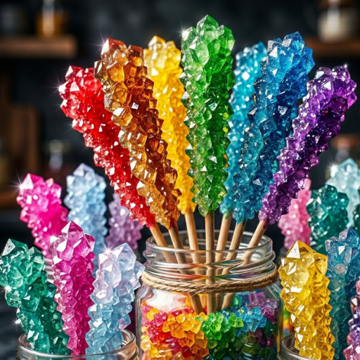 Rock Candy Recipe: How to Make Homemade Rock Candy Easily 13 Colorful homemade rock candy sticks with sparkling sugar crystal texture.