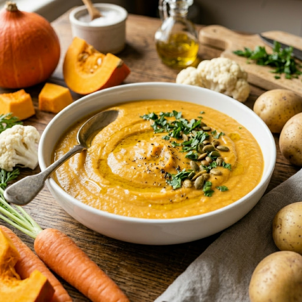 10 Delicious Pureed Recipes for Healthy Eating 12 Creamy vegetable pureed recipe with fresh vegetables on a rustic wooden table